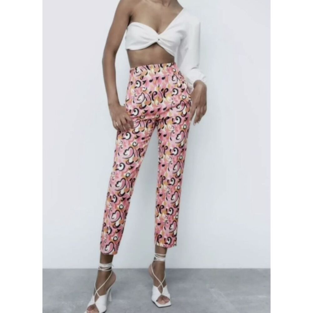 NEW Zara Pink Psychedelic Floral Paisley Print '70s Retro Y2K Pleated Pants Sz M